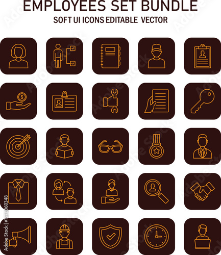 Comprehensive collection showcasing diverse employee related vector icons, designed for modern user interfaces and