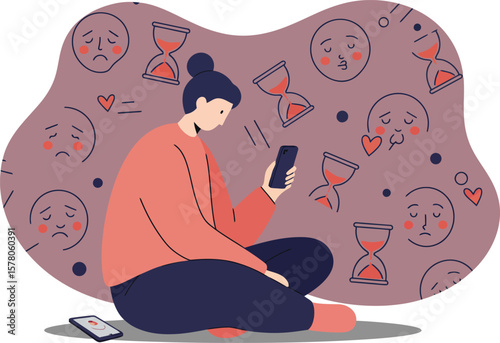 Woman feeling anxious with hourglass and sad face icons illustrating stress and time pressure vector illustration 