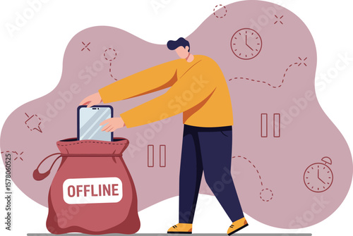 Person disconnecting from technology offline lifestyle concept illustration with muted colors and simple design 