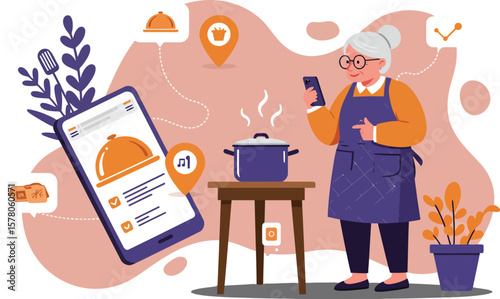 Senior woman cooking with smartphone app for recipe and food delivery service in kitchen vector illustration 