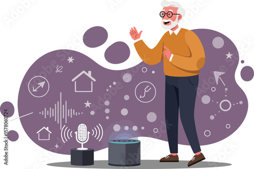 Elderly man using smart home voice assistant technology for modern lifestyle convenience and connectivity 