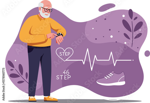 Elderly man using fitness tracker monitoring heart rate and steps for health and wellness lifestyle vector illustration 