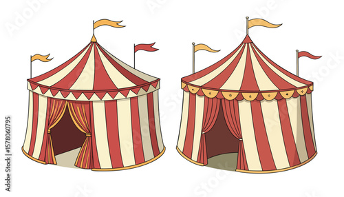 Set of two vintage-style red and yellow circus tents with flags isolated on white background, cartoon illustration