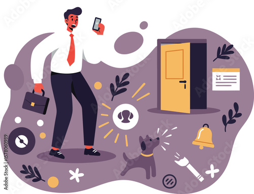 Businessman receiving notification about home repair service with tools and dog vector illustration 