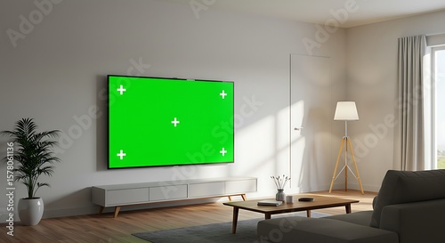 Modern Living Room with Green Screen TV for Mockup Display, Bright and Spacious Interior with Contemporary Design Elements