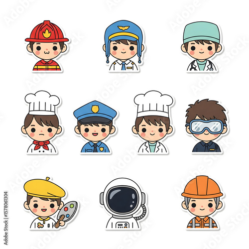Diverse Cartoon Professions Firefighter Pilot Doctor Chef Police Scientist Artist Astronaut Builder