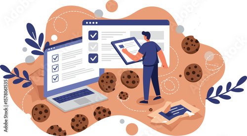 Man interacting with digital checklist on computer screen with cookies and mobile phone vector illustration 