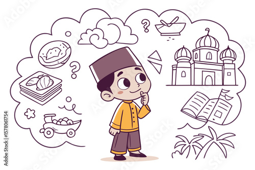 Thoughtful Malay boy in traditional attire imagining cultural heritage items