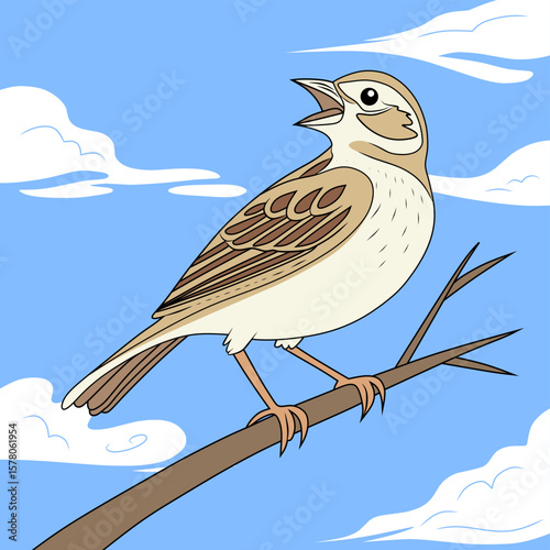 A cheerful lark bird singing on a branch with a clear blue sky background. Perfect for nature, birdwatching themes, or children's illustrations. Clean cartoon vector style.