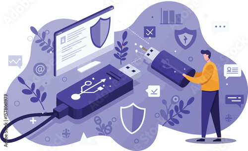 USB flash drive data security concept with person and shield icons in purple vector illustration 