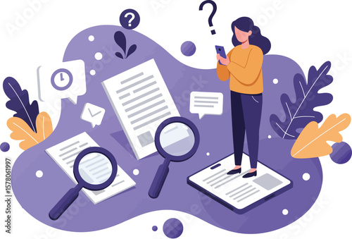 Woman holding smartphone analyzing documents and magnifying glasses with question marks in purple theme vector illustration 