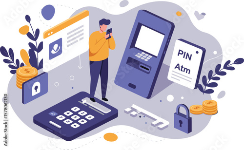 Person Using ATM with Security Elements Like Lock Password and Coins for Financial Safety and Access Control Vector Illustration 