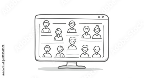 Sketch of a computer screen showing a video conference call with people