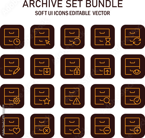 Organized data archive icon set with soft UI design elements and editable vector graphics presenting document storage