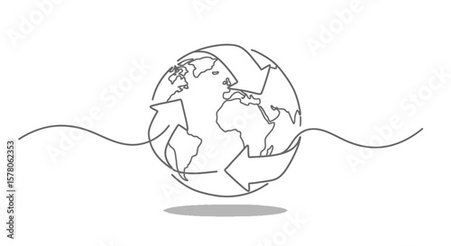 Outline drawing of earth globe with recycling arrows in gray color