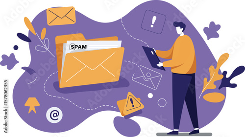 Person Managing Email Spam Folder with Digital Device and Notification Symbols in Purple Background Vector Illustration 