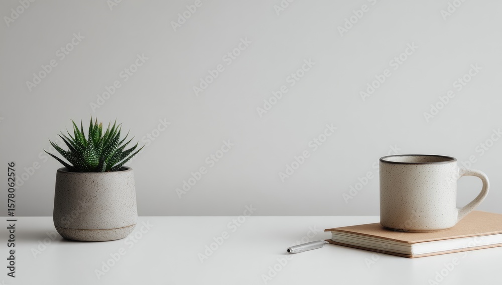 Fototapeta premium Minimalist workspace with plant and coffee
