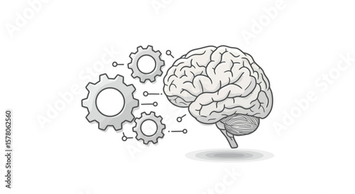 Illustration of a human brain connected to gears symbolizing thinking