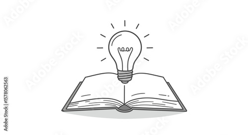 Illustration of an open book with a lightbulb above it radiating light