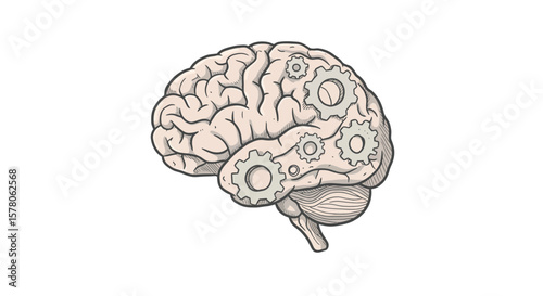 Illustration of a human brain with gears showing cognitive function