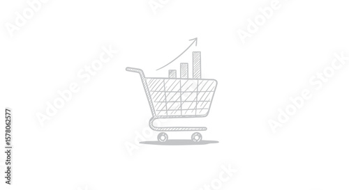 Sketch of shopping cart with rising bar graph and arrow indicating growth