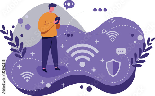 Person using smartphone surrounded by wireless internet icons and shield symbols in purple design technology concept 