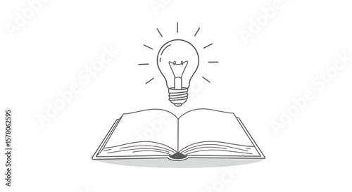 Open book with lightbulb radiating above it in a black and white image