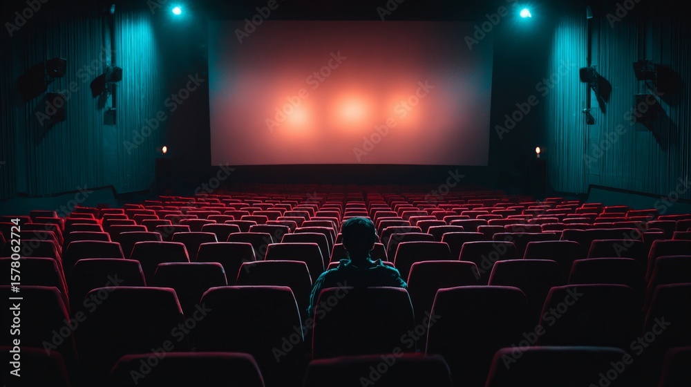 Fototapeta premium Empty cinema with single viewer under moody lights