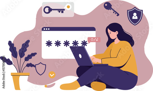 Woman Using Laptop for Secure Password Entry with Security Shield and Key Icons Vector Illustration 