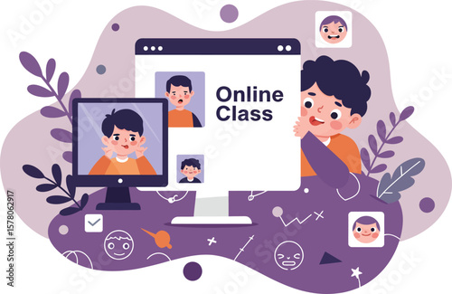 Online class virtual learning concept with children using computers and video calls in purple theme vector illustration 