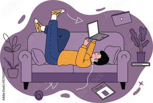 Person relaxing on sofa using laptop in casual home setting with purple background vector illustration 