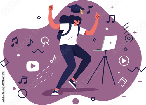 Young woman dancing joyfully with headphones recording music in home studio vector illustration 