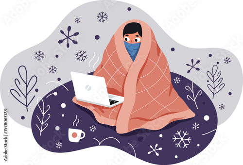 Person wrapped in blanket working on laptop with hot drink in cold winter setting cozy indoor scene 