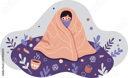 Person wrapped in warm blanket with hot drinks and winter plants cozy indoor scene vector illustration 
