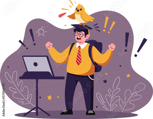 Male singer performing with music stand and bird on head in vibrant illustration scene 