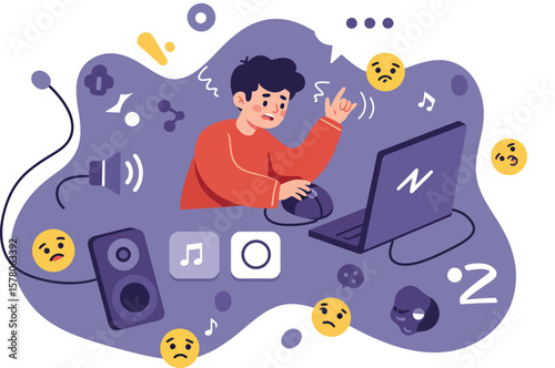 Young man enjoying music on computer with headphones surrounded by emoji icons vector illustration 