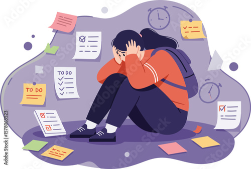 Stressed woman sitting on floor surrounded by tasks and reminders vector illustration with purple background and orange sweater 
