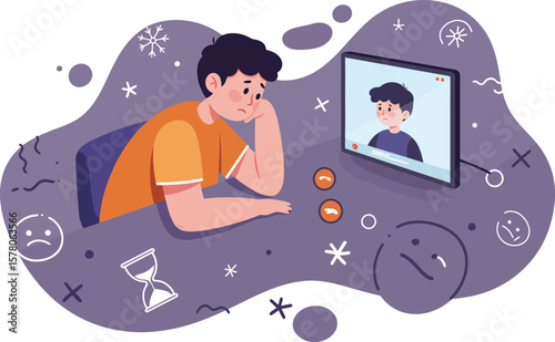 Young man feeling sad and lonely in front of mirror reflecting his expression with purple background vector illustration 