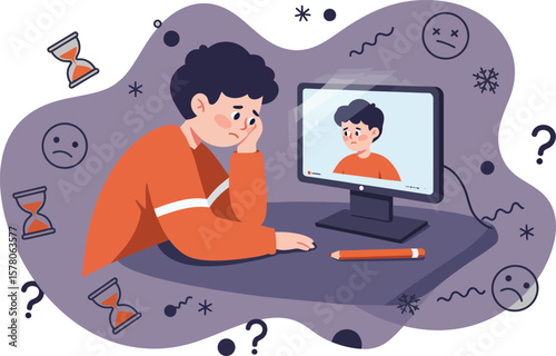 Young man experiencing anxiety and stress with self reflection in computer screen vector illustration 