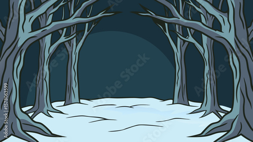 Winter forest scene with trees and snow in a cartoon illustration