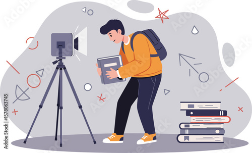 Photographer setting camera on tripod with backpack and books preparing for photo session vector illustration 