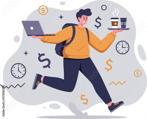 Young man multitasking with laptop and coffee in dynamic business concept vector illustration 
