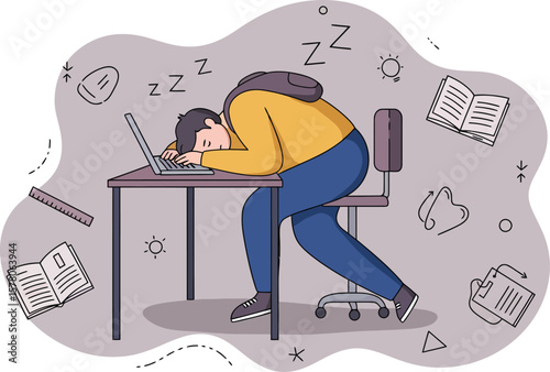 Person sleeping on desk tired from work or study with scattered books and laptop vector illustration 