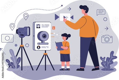 Father Teaching Son Video Production and Filmmaking Techniques with Camera and Smartphone Vector Illustration 