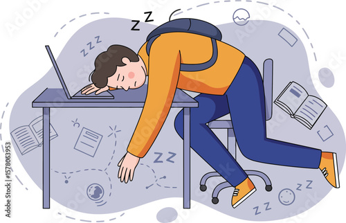 Man sleeping at desk with backpack and scattered papers in tired student or worker concept vector illustration 