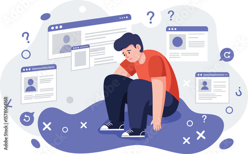Young man sitting confused with question marks and browser windows illustrating uncertainty and problem solving 
