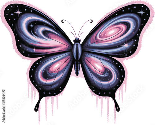 Cosmic butterfly with swirling galaxy wings and pink accents space stars