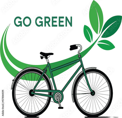 Green bicycle with leaves and text go green transportation