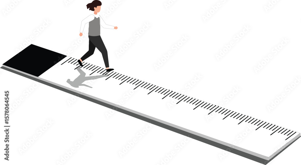 Fototapeta premium Woman walking on giant ruler measuring scale vector illustration in minimal style 