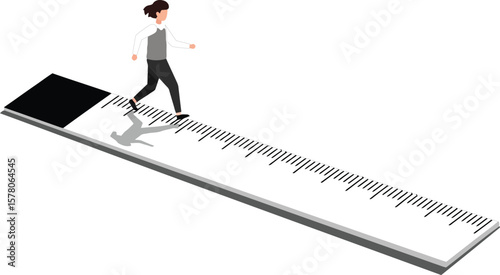 Woman walking on giant ruler measuring scale vector illustration in minimal style 